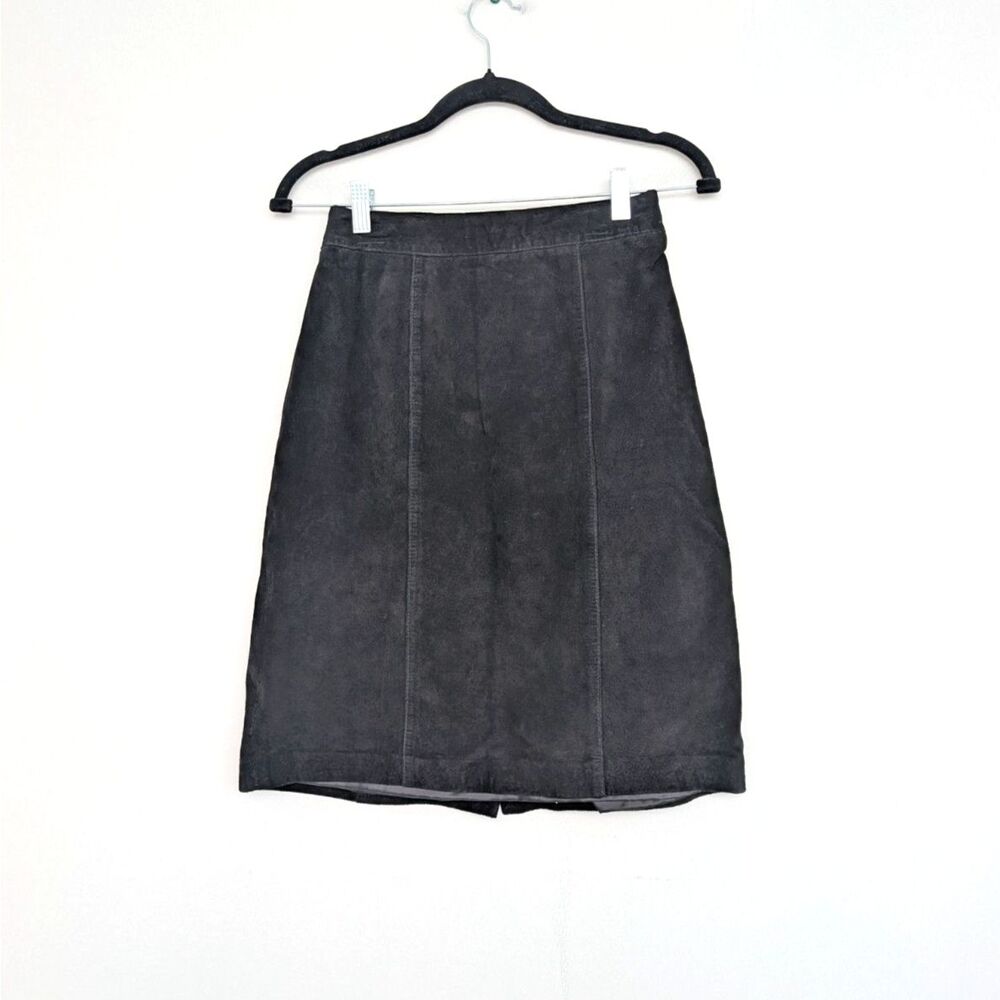 Vintage Suede Leather Elastic Waist Black Pencil Mini Skirt Sz 8 Slit Back